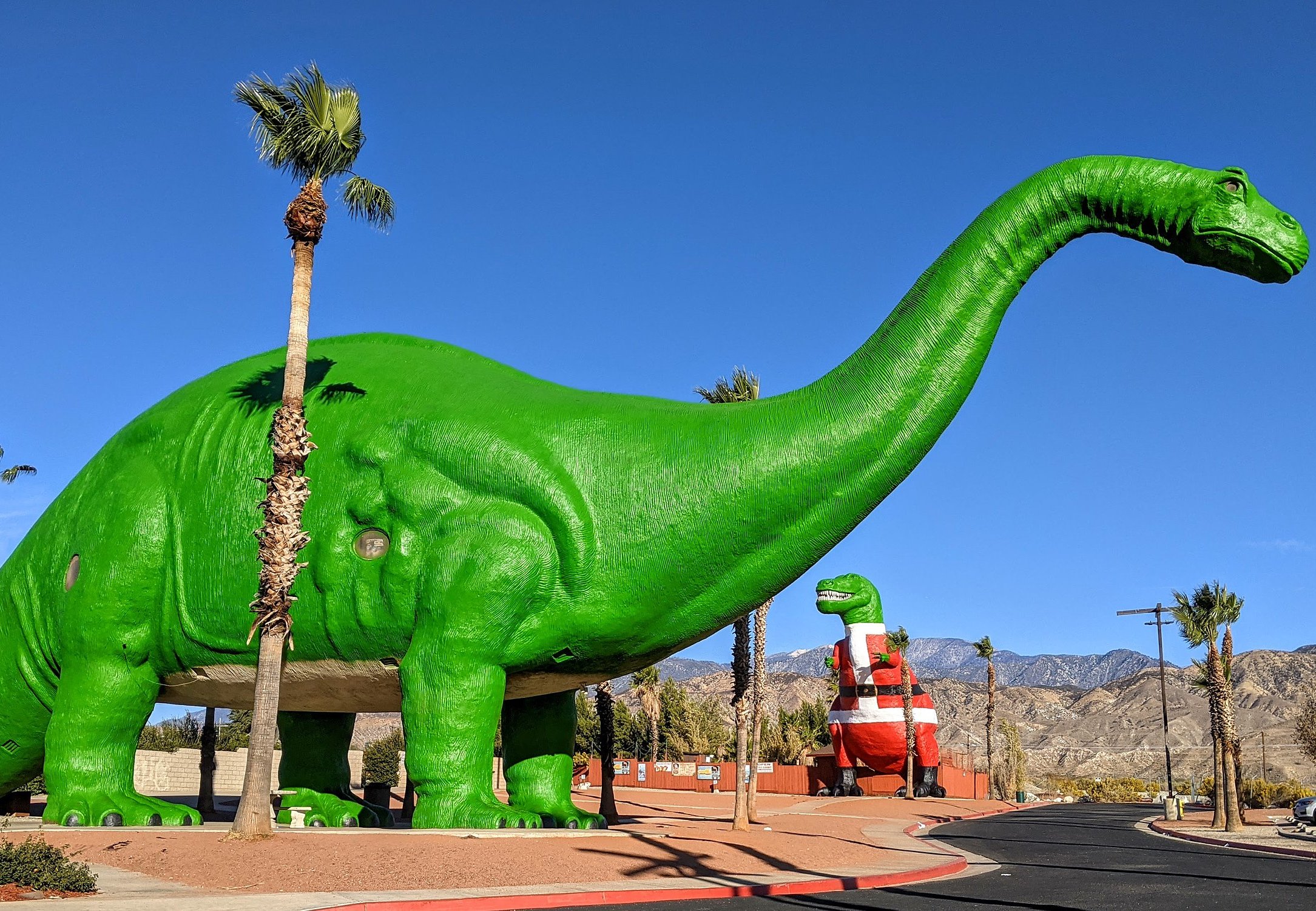 Cabazon Dinosaurs, fall 2020, in Christmas theme