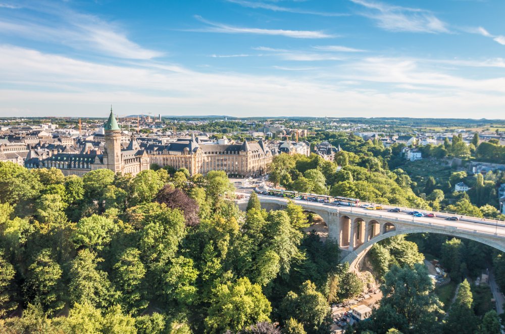 The image showcases a Vibrant urban scene of Luxembourg City, Luxembourg