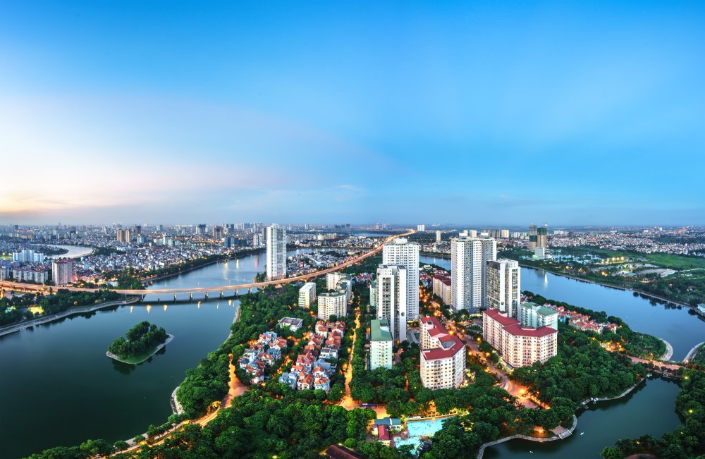 The image showcases a Vibrant urban scene of Hanoi, Vietnam