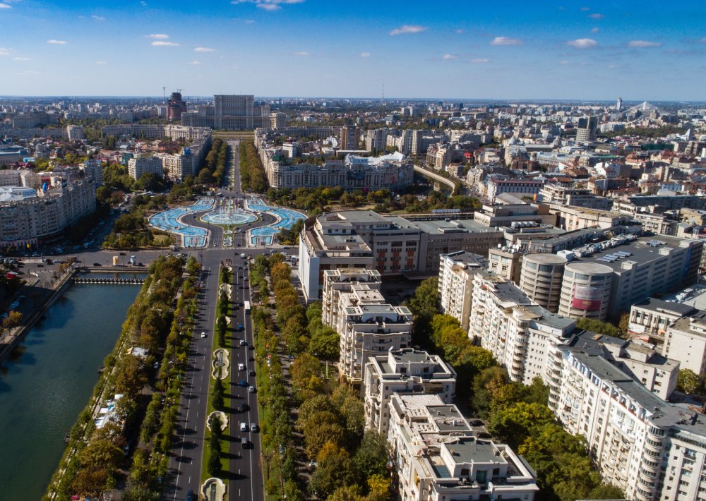 The image showcases a Vibrant urban scene of Bucharest, Romania