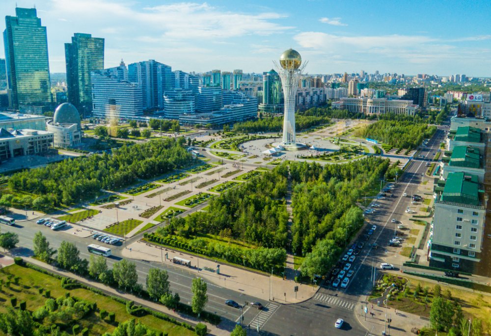 The image showcases a Vibrant urban scene of Astana, Kazakhstan