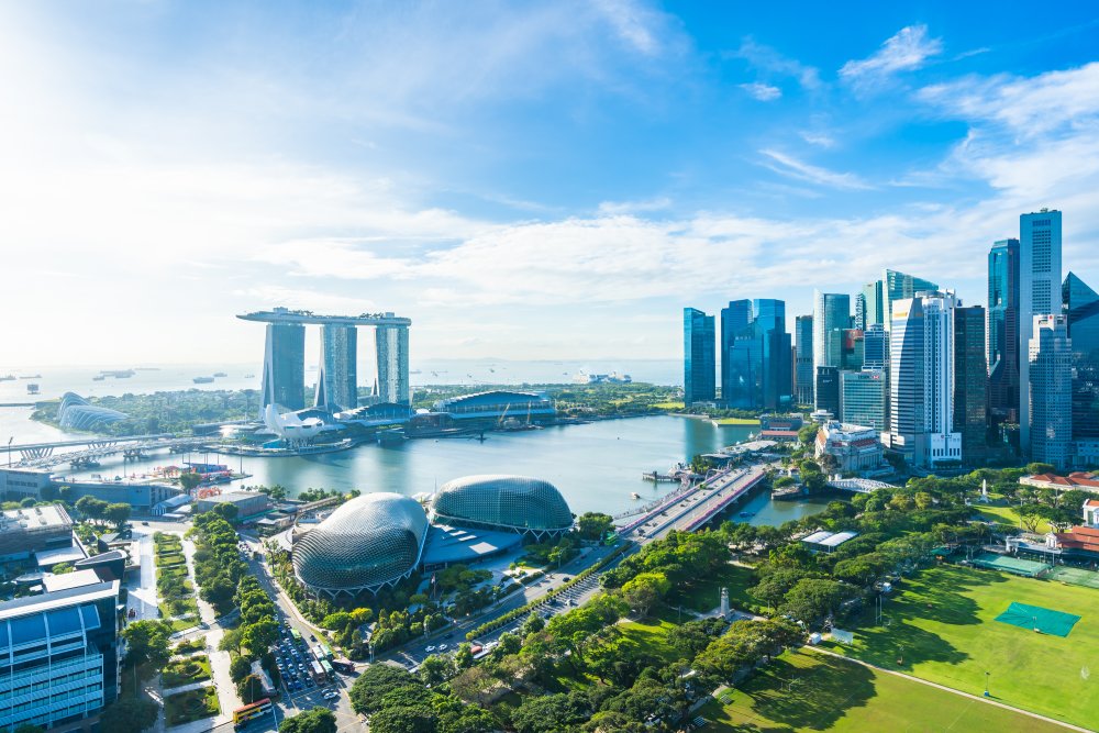 The image showcases a Vibrant urban scene of Singapore city-state