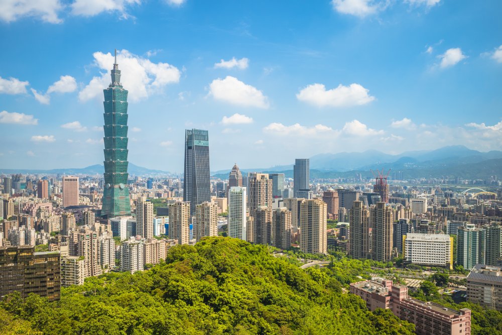 The image showcases a Vibrant urban scene of Taipei, Taiwan