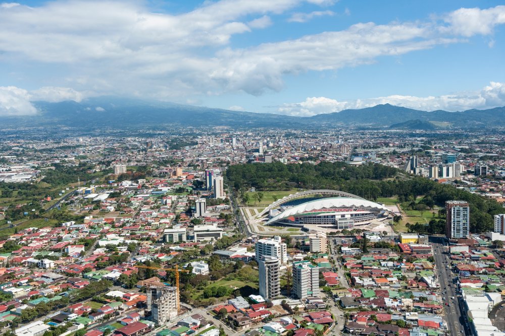 The image showcases a Vibrant urban scene of San Jose, Costa Rica