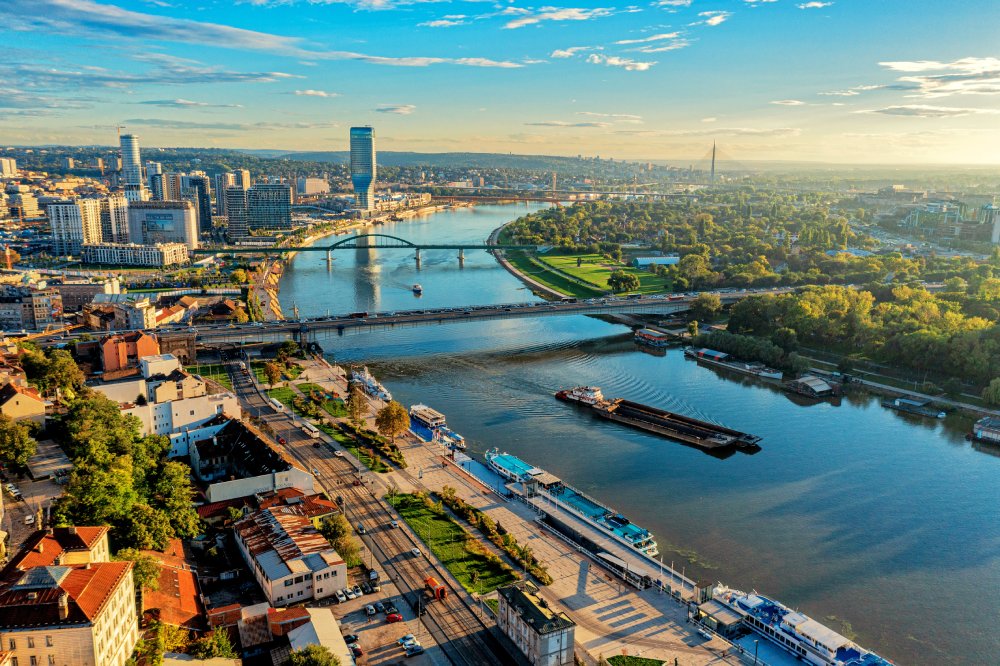 The image showcases a Vibrant urban scene of Belgrade, Serbia