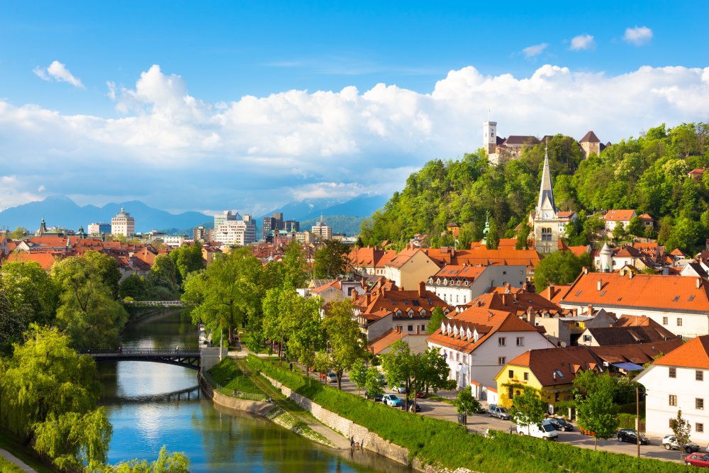The image showcases a Vibrant urban scene of Ljubljana, Slovenia