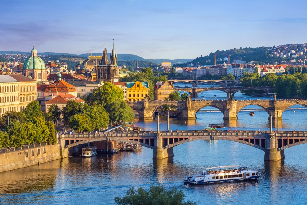 The image showcases a Vibrant urban scene of Prague, Czech Republic