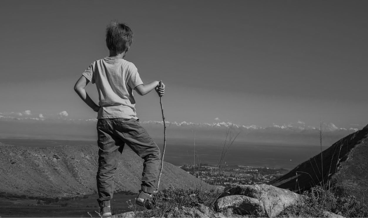 Boy hiker with stick looks at the lake shore from the top of the mountain