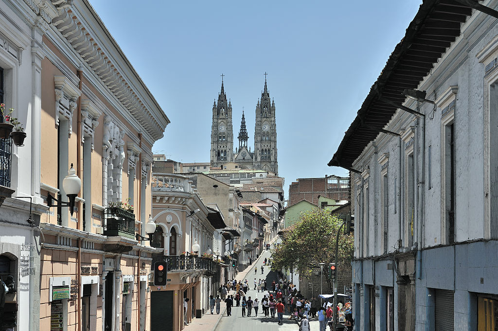 Ecuador, Quito, Venezuela street: view towards the Basilica del Voto Nacional.