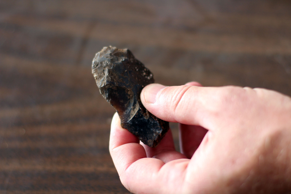 An archeologist holds an arrowhead fossil