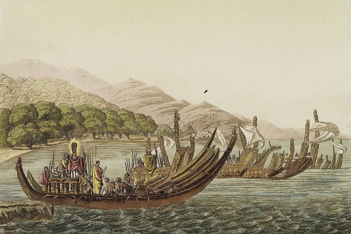 Tahitian pahi double-hulled war canoes