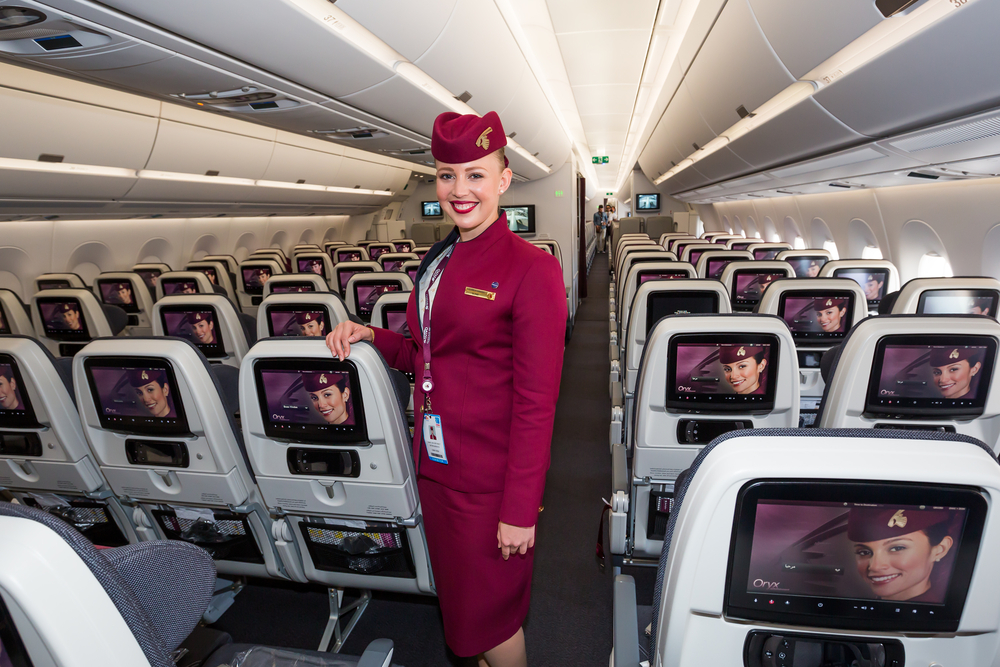 Qatar Airways Airbus A350 cabin crew member, flight attendant.