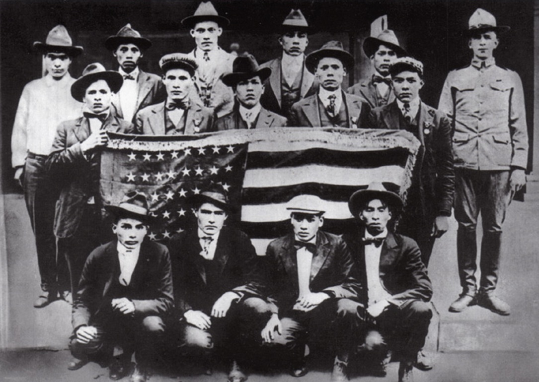 Choctaws in training in World War I for coded radio and telephone transmissions.