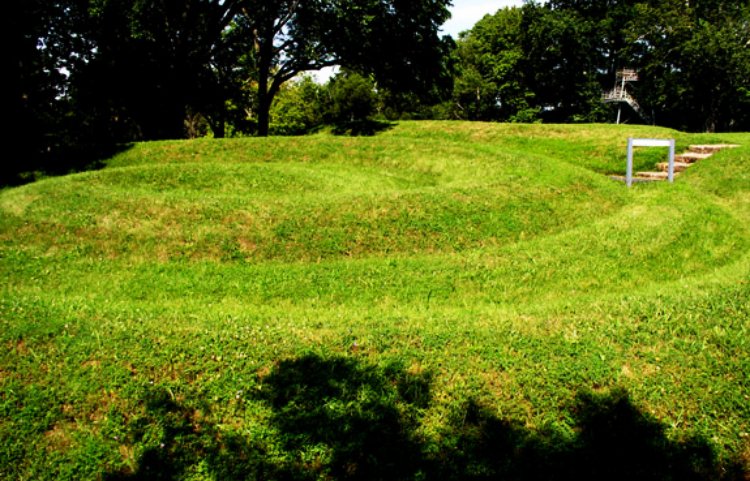 A photo of the Serpent Mound, specifically the spiral at the end of the tail