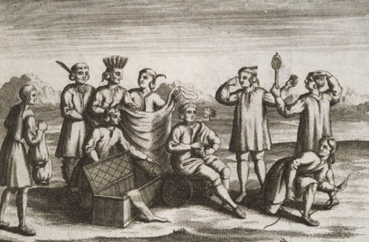 Woodcut of Native Americans with various western goods that they received in trade for furs