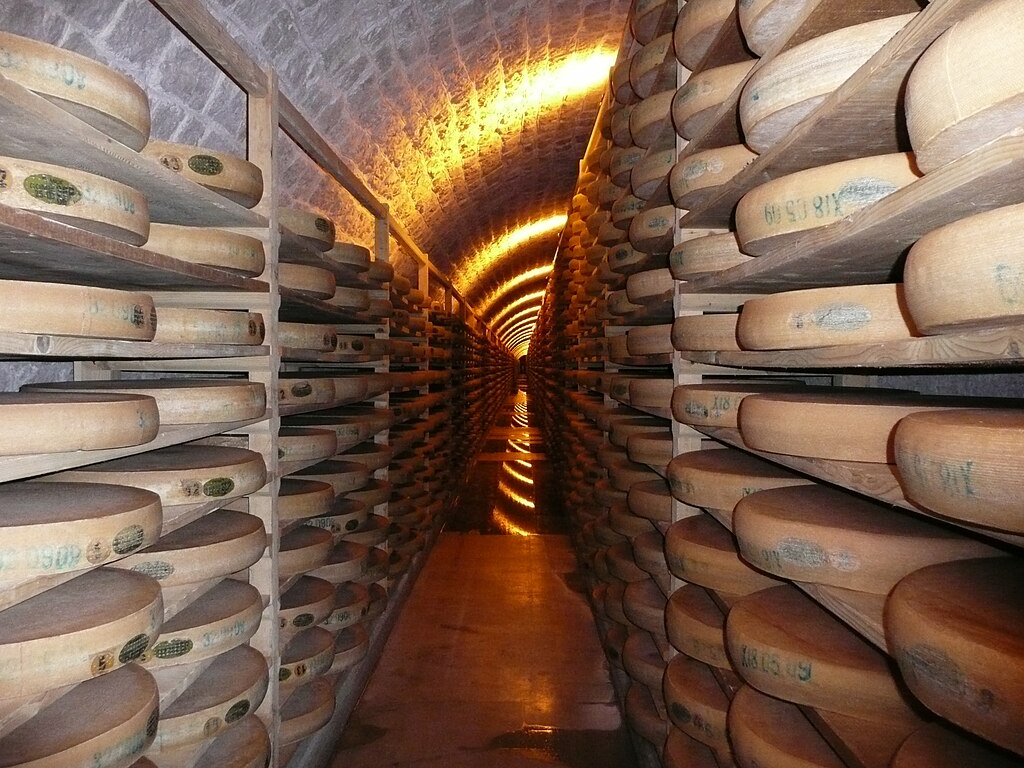 The image shows a long, narrow, arched cellar filled with numerous wheels of cheese