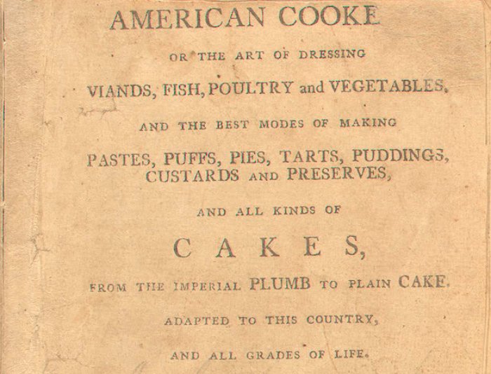 Cover of American Cookery by Amelia Simmons. First edition