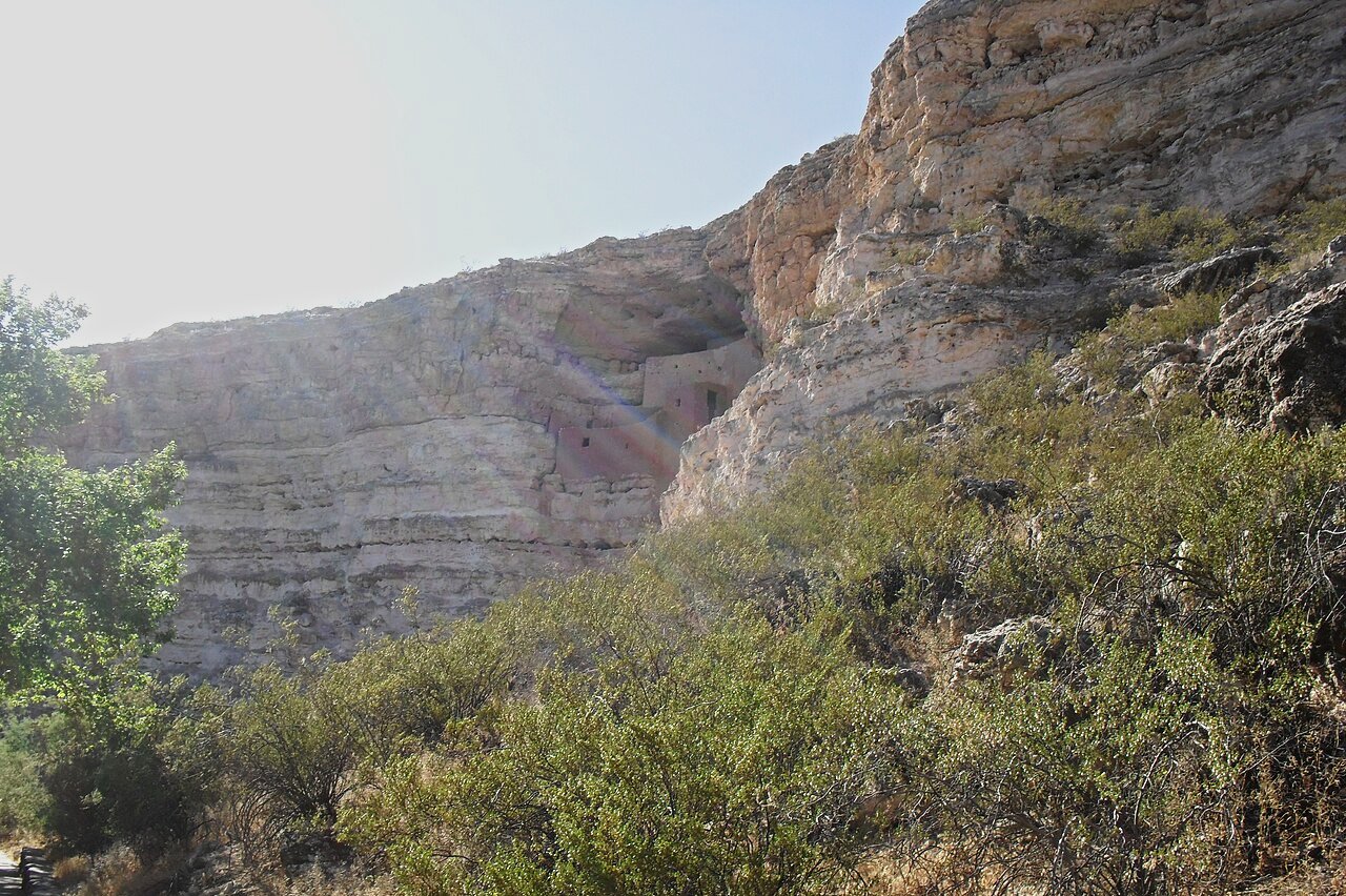Distant image of Montezuma Castle, a cliff dwelling built by the Sinagua people