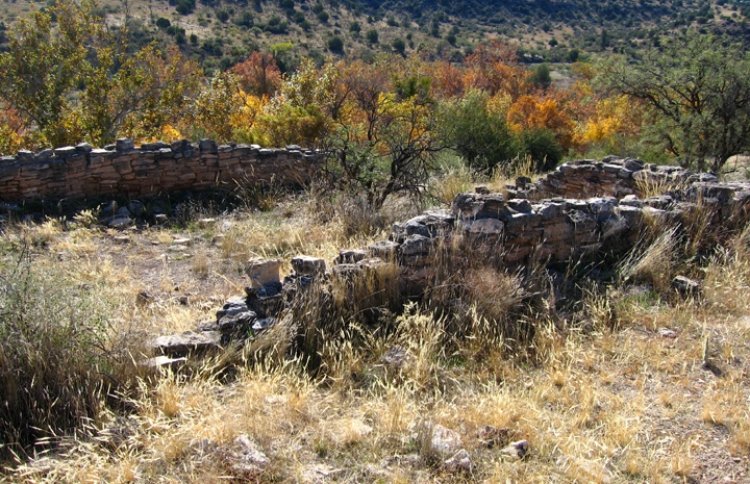 Remnants of two masonry walls stand among grass