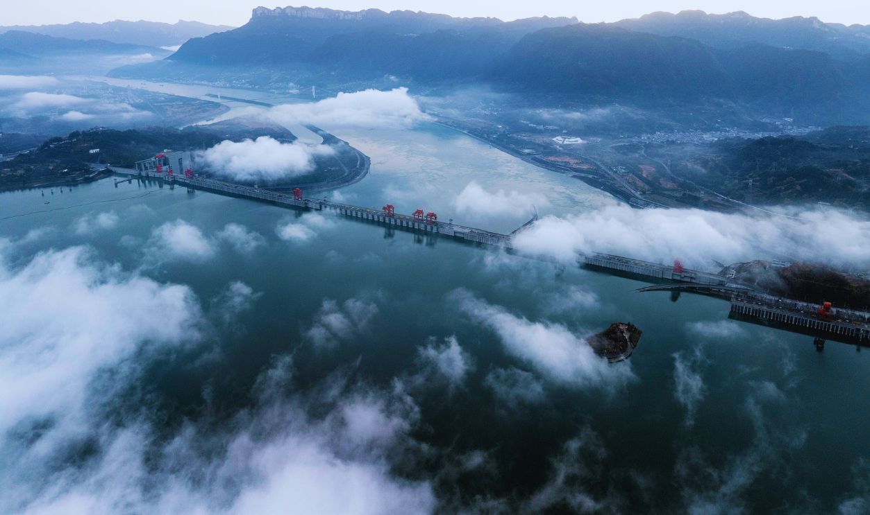Gettyimages - 2195646668, Three Gorges Dam An aerial photo on January 26, 2025, shows the Three Gorges Dam shrouded by clouds in Maoping township, Yichang, China.