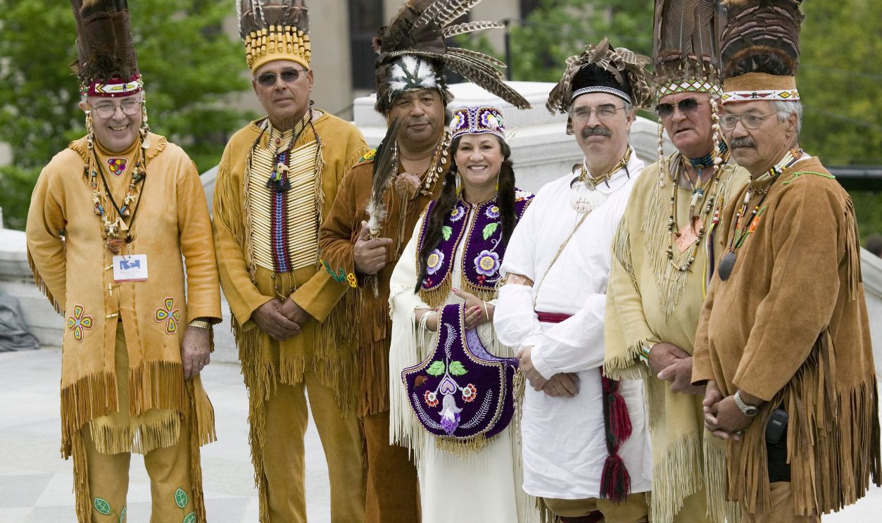 American Indians and Powhatan tribal leaders posing in front of Virginia State Capitol, Richmond Virginia, during ceremonies for the 400th Anniversary of the Jamestown Settlement on May 3, 2007