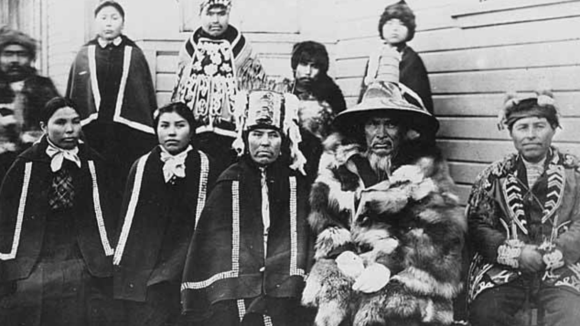 File:Group of Tlingit in ceremonial dress, button blankets, beaded jacket, painted hat, and carved headdress, Alaska, circa 1910 (AL+CA 805).jpg