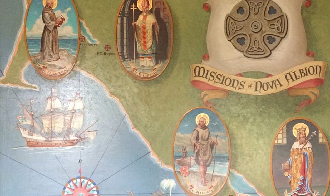 Artwork in Saint Columba's, Inverness Park, California, showing Episcopal missions at Nova Albion