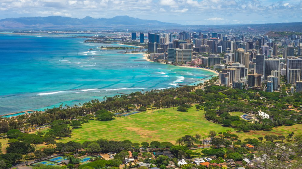 Vibrant urban scene of Honolulu, Hawaii captured from a high vantage point