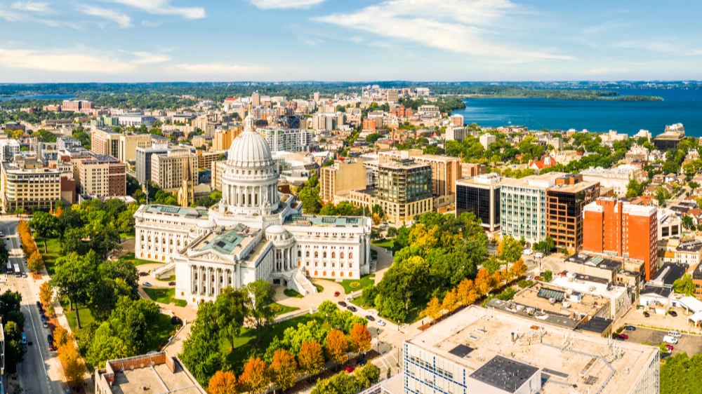 Vibrant urban scene of Madison, Wisconsine captured from a high vantage point