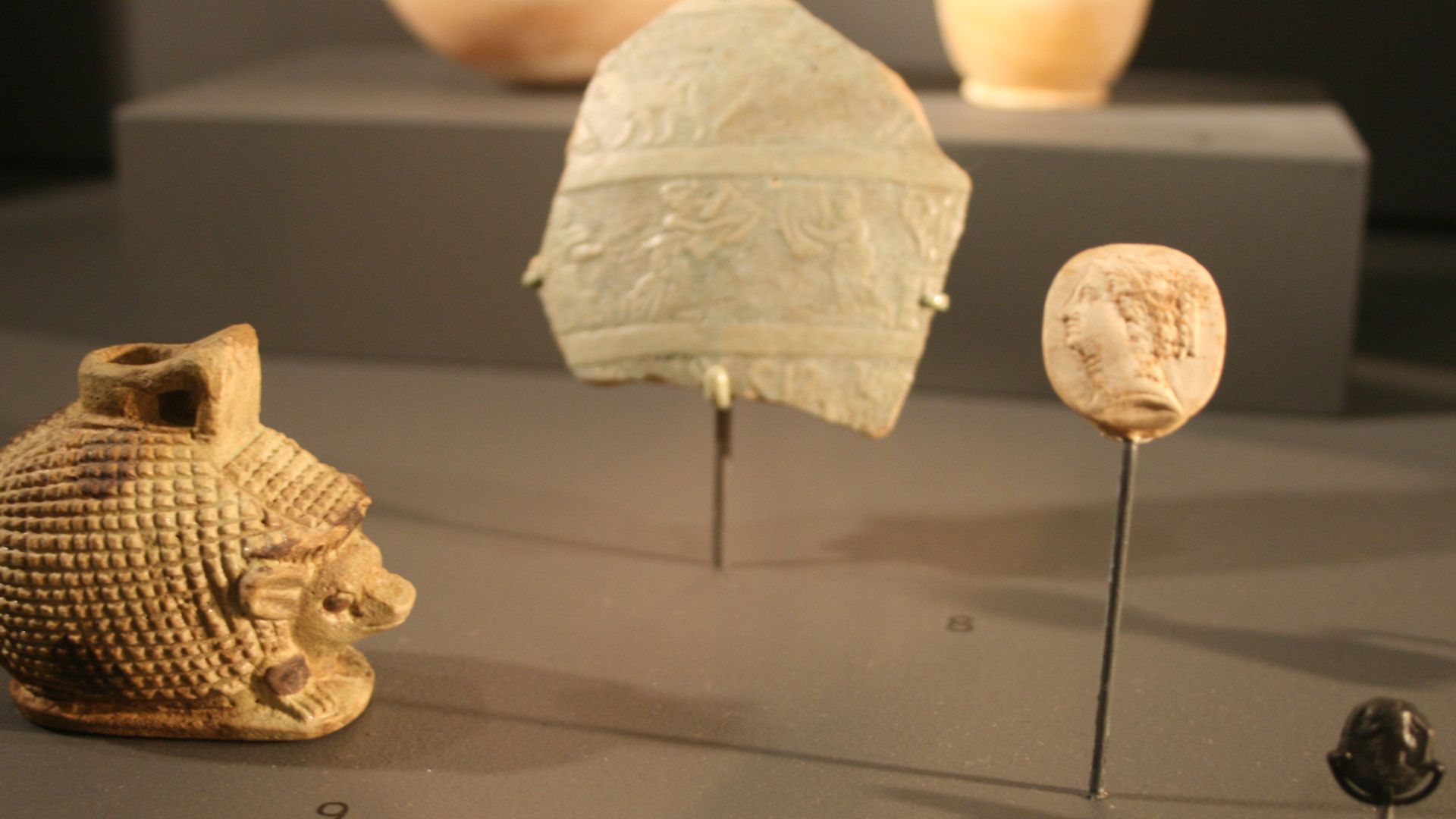 File:Musicians, Hedgehog Cosmetic Pot, Ring with Portrait, Coin of Cleopatra VII, Ptolemaic Period (10450394476).jpg