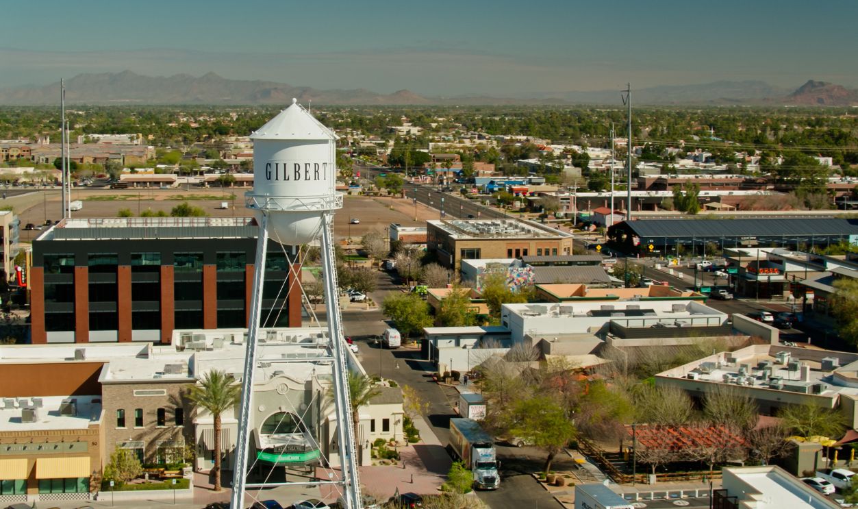 Aerial shot of Downtown Gilbert, Arizona on a clear sunny day Authorization was obtained from the FAA for this operation in restricted airspace.