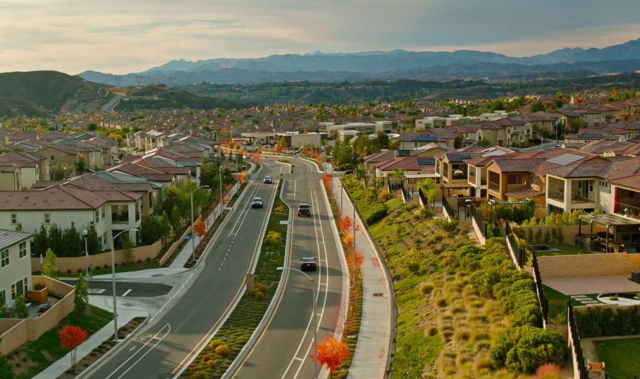 Aerial shot of Santa Clarita, California on a beautiful autumn afternoon. Santa Clarita is a suburb in Los Angeles County north of the city of Los Angeles.