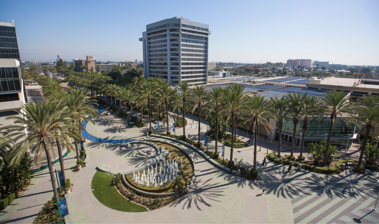 Elevated daytime view of the Anaheim, California skyline.