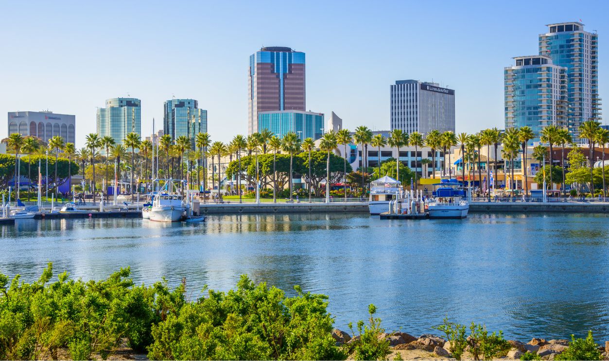 Long Beach California ShoreLine Aquatic Park, waterfront and skyline