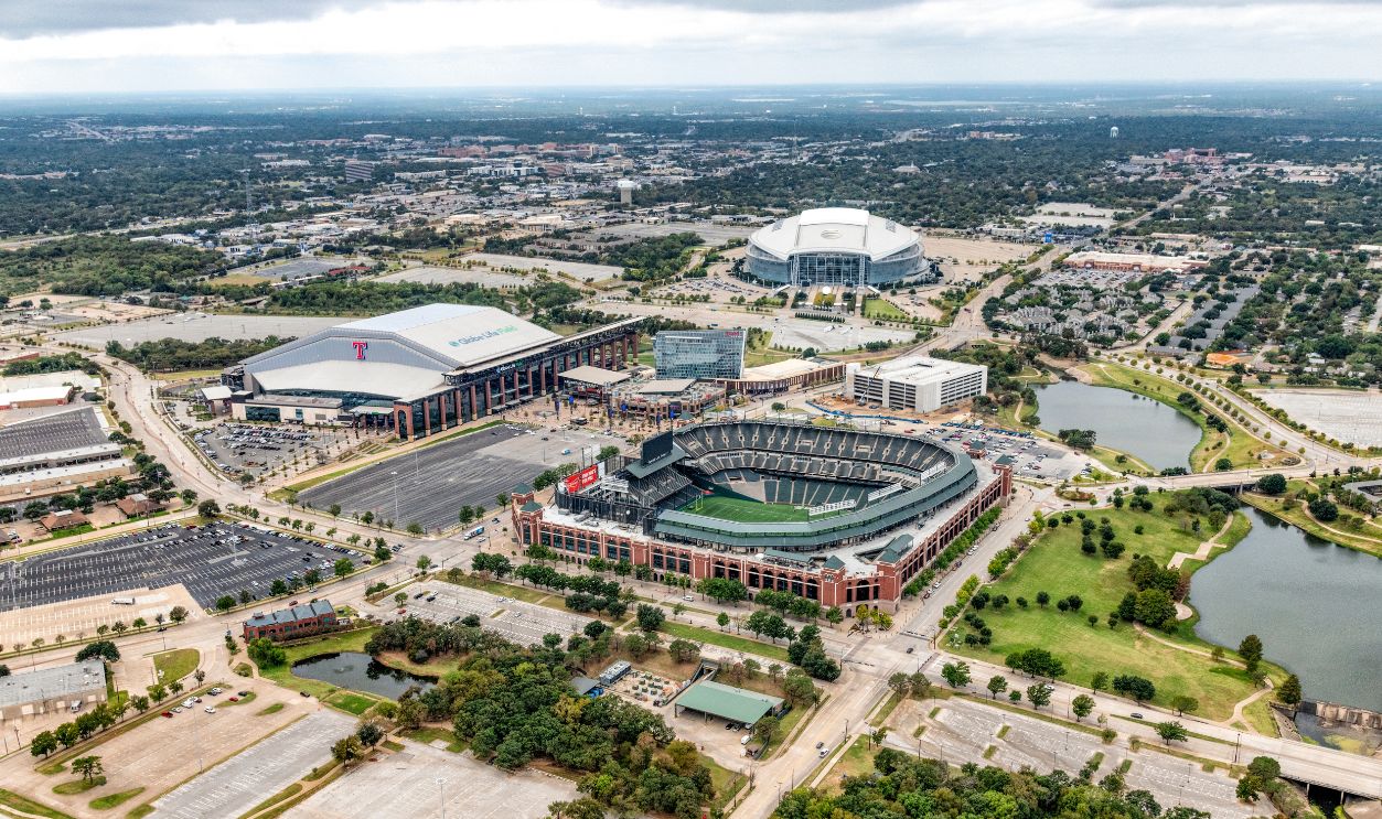 Arlington, United States - October 21, 2020: Aerial view of the three professional sports venues on adjacent properties just east of Dallas, Texas, including Globe Life Field, the former home of baseball's Texas Rangers, Globe Life Park, the new home of the Texas Rangers, and AT&T Stadium, the home of the NFL Dallas Coboys.