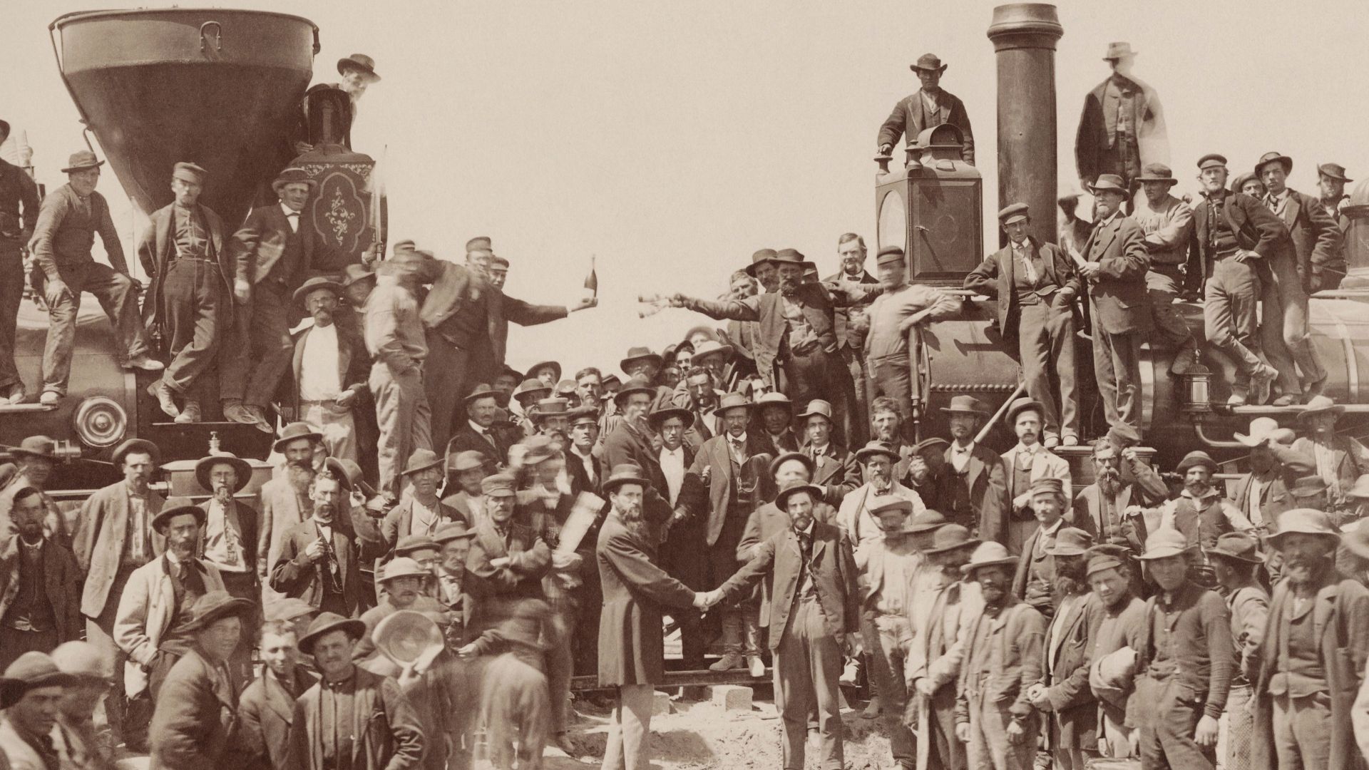 File:East and West Shaking hands at the laying of last rail Union Pacific Railroad - Restoration.jpg