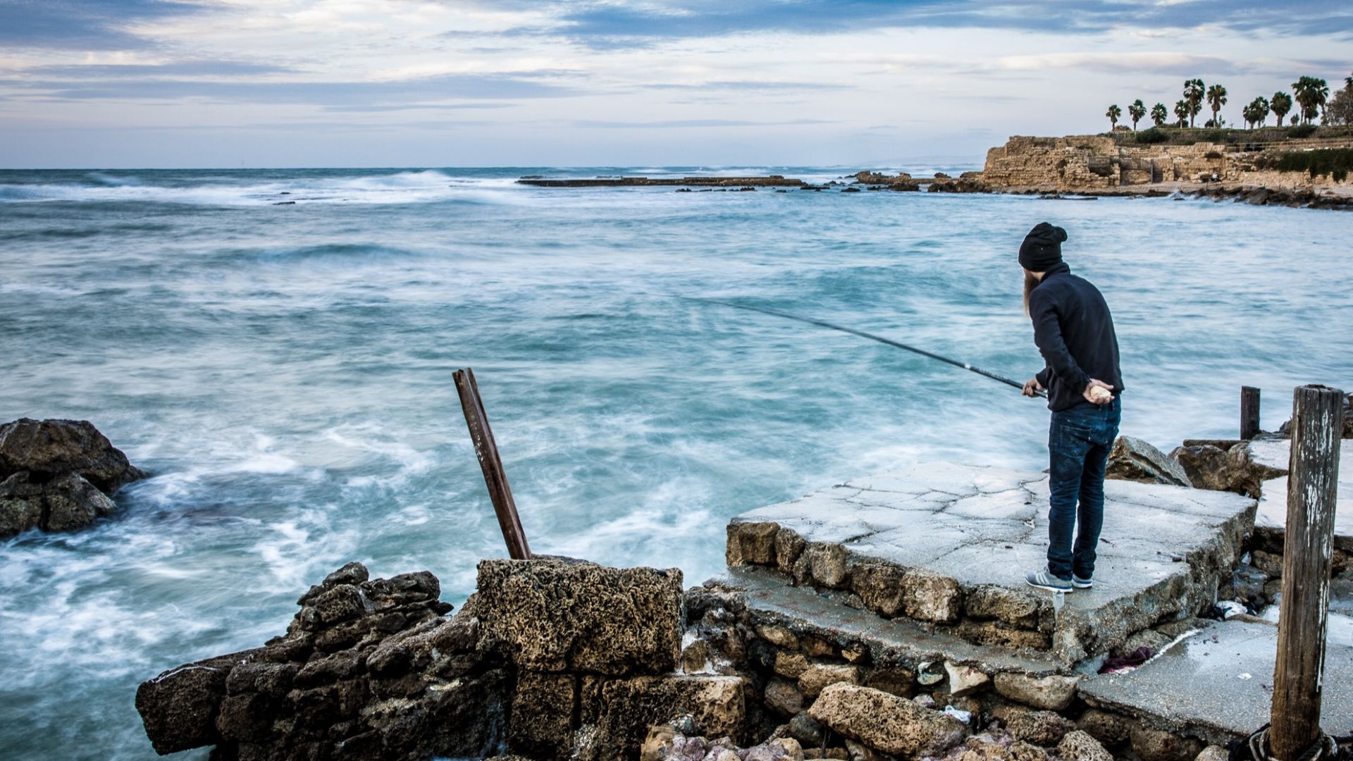 File:Fishing at Caesarea Harbor Sea Line.jpg