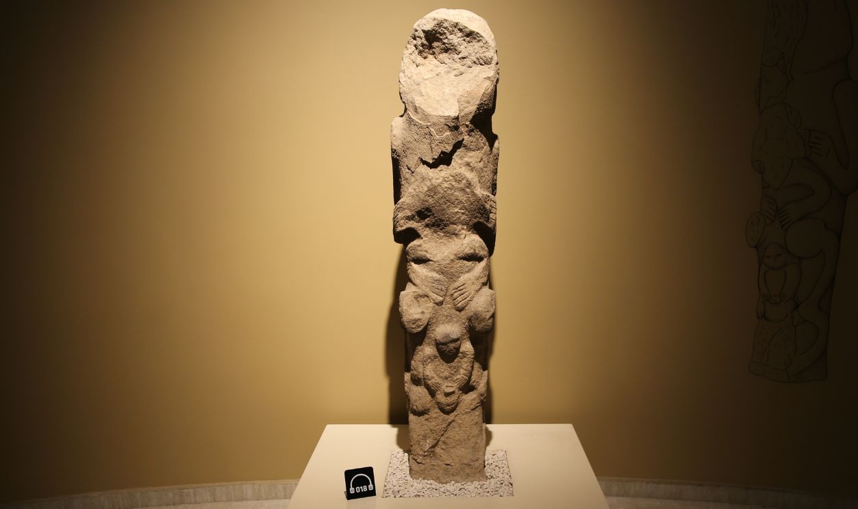 A historic totem unearthed in Gobeklitepe archaeological site stands unscathed after two strong earthquakes hit southern Turkiye on Feb 6, as 12,000-year-old artifacts from the Neolithic period survived without visible any damage at Archeology Museum in Sanliurfa on February 22, 2023.