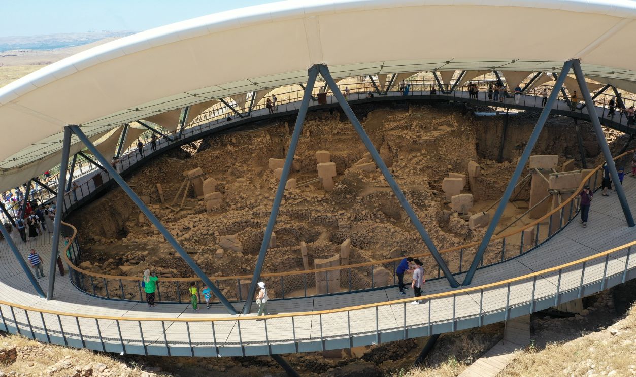 An aerial view of the ancient site of Gobeklitepe, known as the world's oldest temple, in Sanliurfa, Turkey on June 27, 2023. Gobeklitepe which has left its fifth year behind in World Heritage List of UNESCO (The United Nations Educational, Scientific and Cultural Organization), and Gobeklitepe have hosted millions of visitors from many countries including Europe to Far East, from America to Africa.
