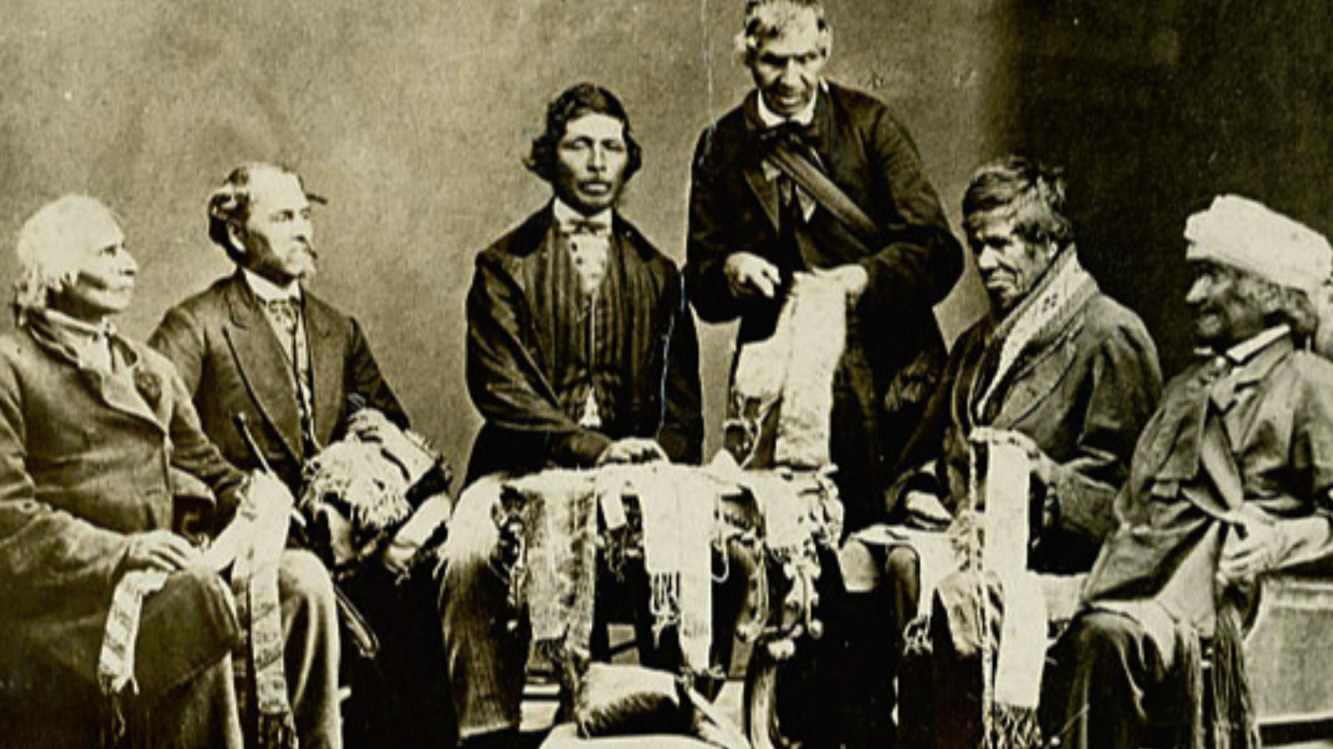 File:Chiefs of the Six Nations at Brantford, Canada, explaining their wampum belts to Horatio Hale September 14, 1871.jpg