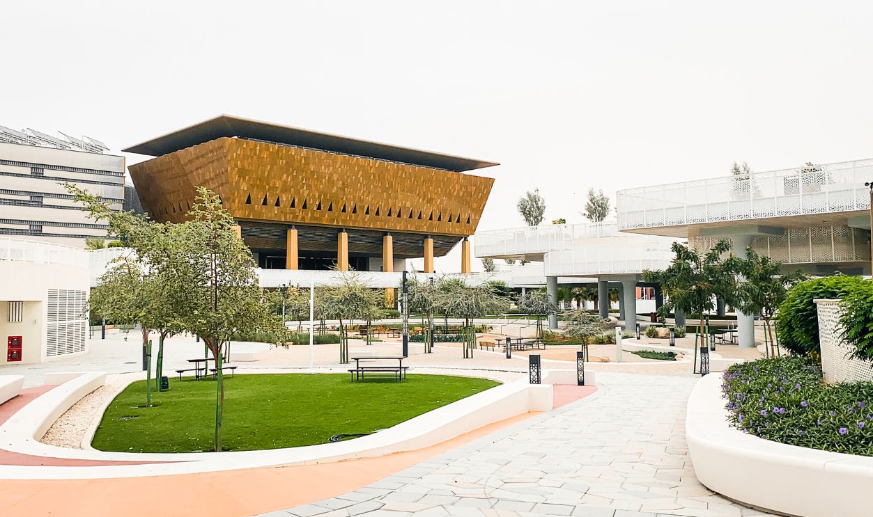 Masdar city central park landscape. Worlds most sustainable communities park infrastructure. Urban low-carbon development project