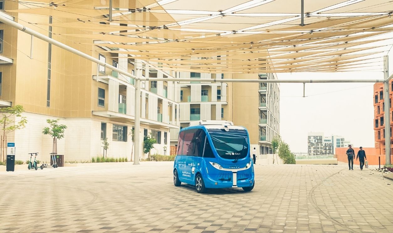  pov drive in Autonomous car in futuristic city of Masdar. Eco-friendly architecture. Masdar future City concept in UAE