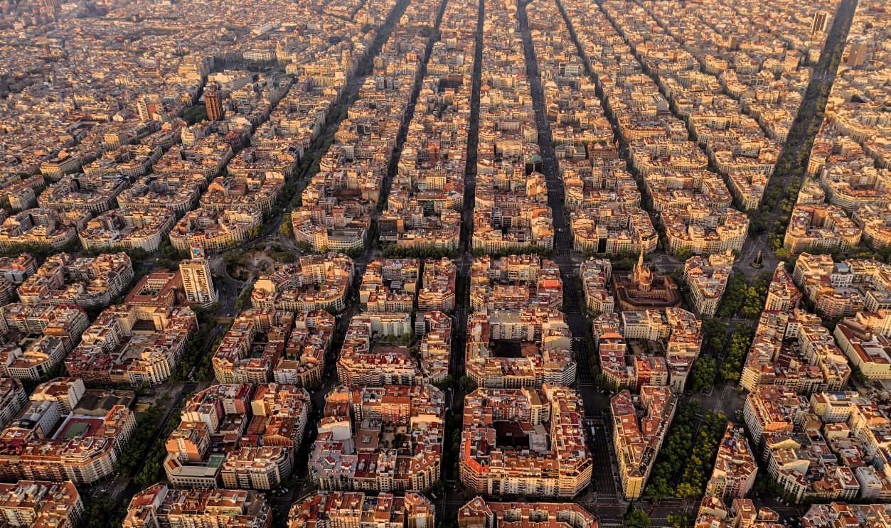 Aerial view of Barcelona with Diagonal Avenue and square blocks