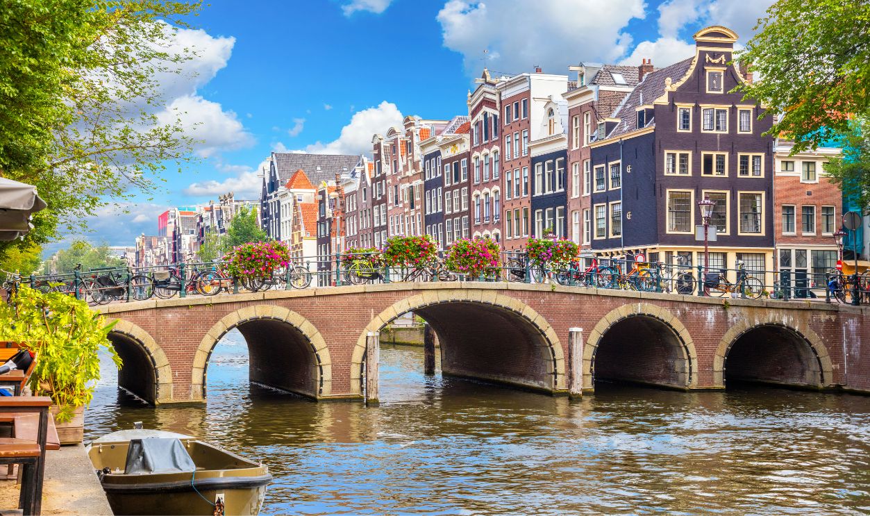 Amstel river, old houses and a bridge. Nice view of the famous city of Amsterdam. Travel to Europe. Amsterdam, Holland, Netherlands, Europe.