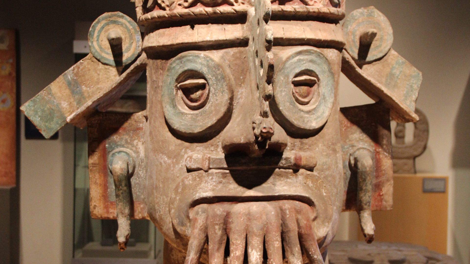 File:Gulf Coast Polychrome Ceramic Brazier with Head of Rain God Tlaloc.jpg