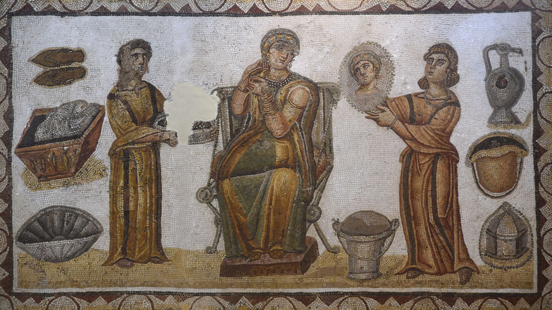 File:Roman mosaic panel of a noblewoman depicted as Venus and surrounded by two maidservants helping her dress and comb her hair, dated to the 5th century AD, from the ladies changing room of the Sidi Ghrib Baths, National Museum of Bardo.jpeg