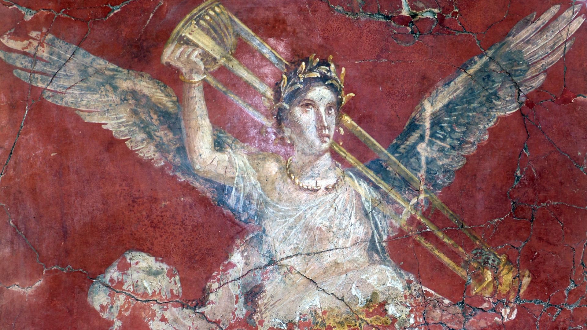 File:Palestra grande di pompei, affreschi di Moregine, terzo triclinio, IV stile, epoca neroniana, 07 vittoria con tripode.jpg