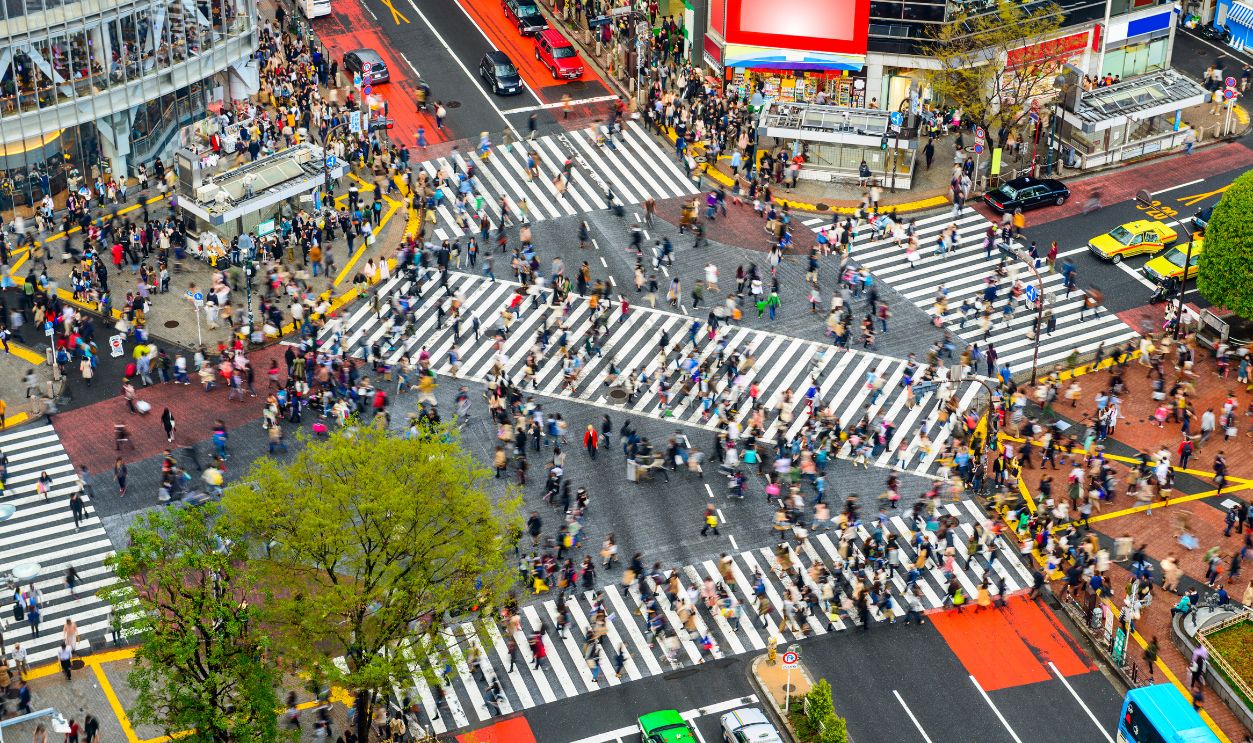 Tokyo, Japan view of Shibuya Crossing, one of the busiest crosswalks in the world.
