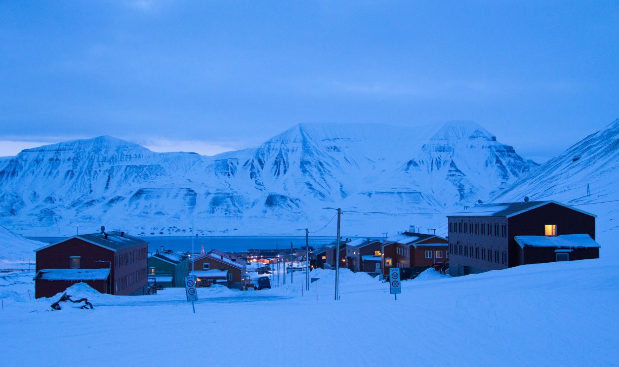 View of Longyearbyen during the polar night in April. Svalbard, Norway