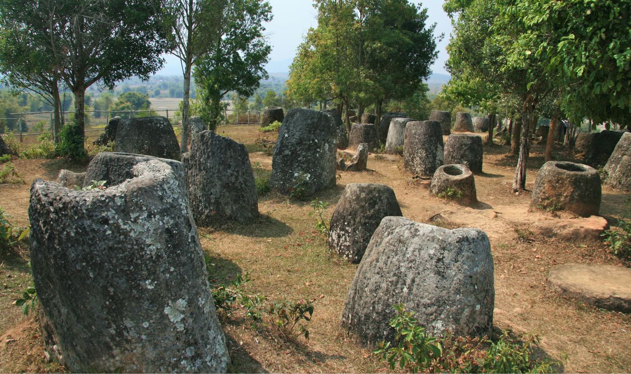 An image of site 2 of the Plain of Jars, Phonsavan, Xiang Khouang Provance, Laos. The numerous stone jars are ancient and still a mystery today